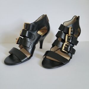 Michael Michael kors Black Zip Back Leather Buckle Straps Open Toe Sandal Heels
